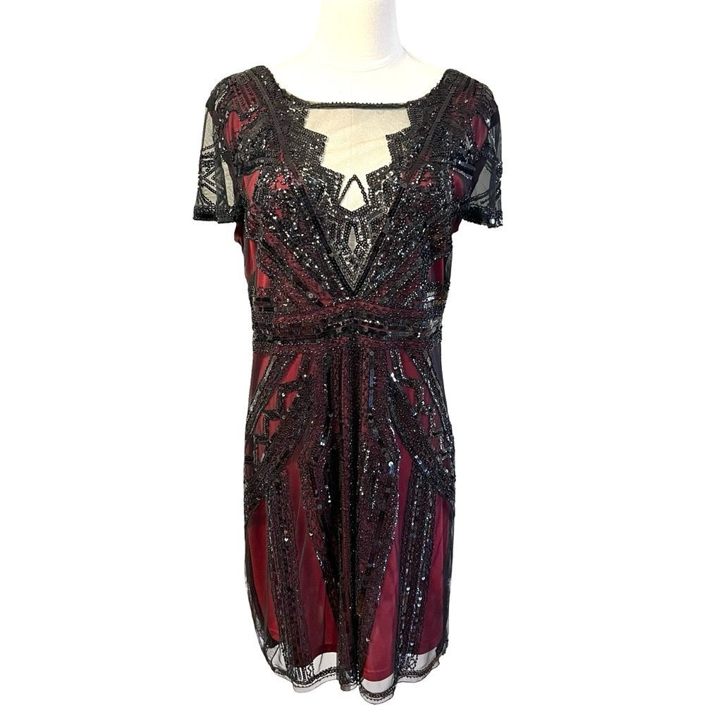 Womens Whimsigoth Dark Fairy Sequin Mesh Dress Size L Black Red Y2K 20s HOCO